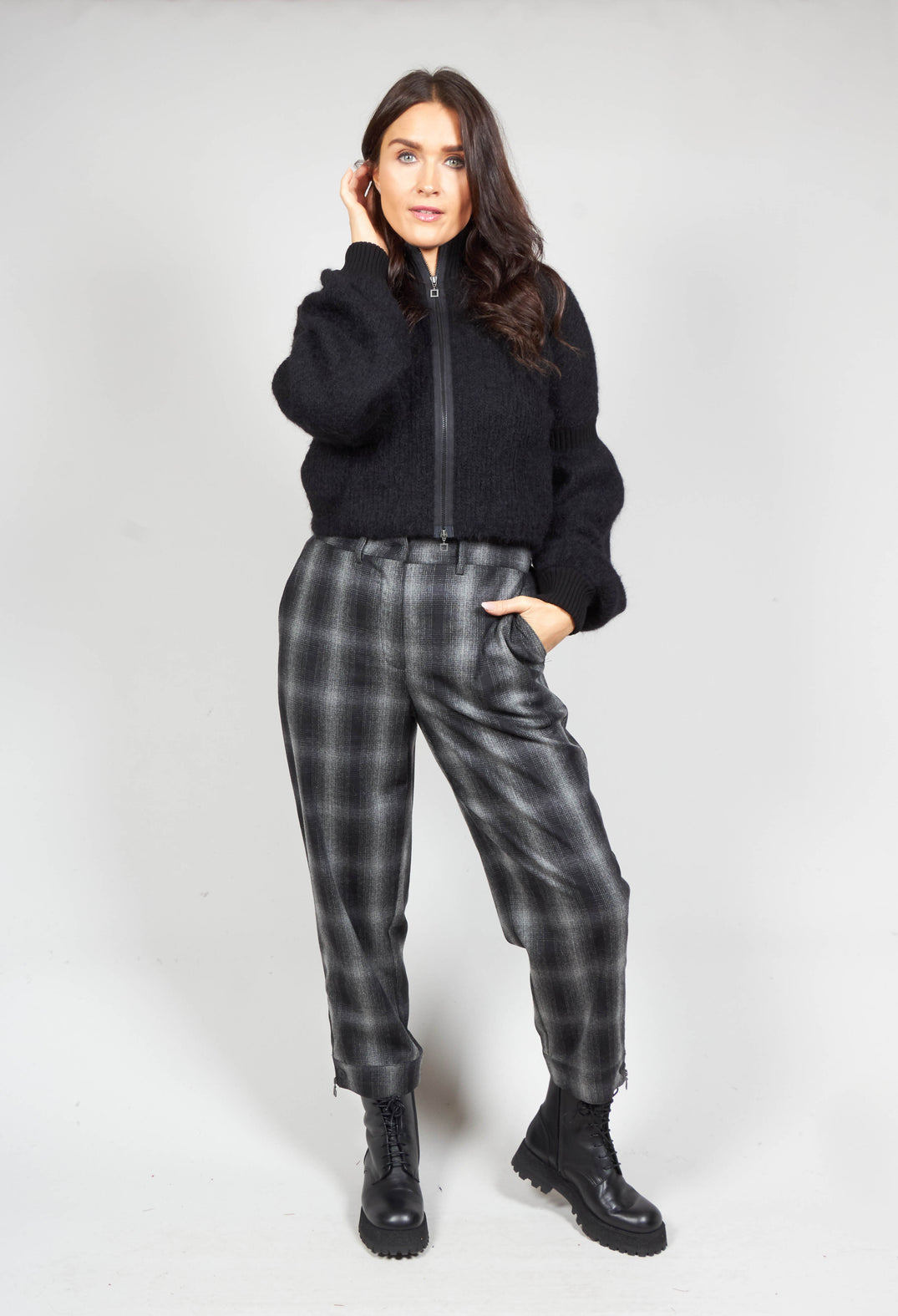 Straight Leg Trousers in Black Check