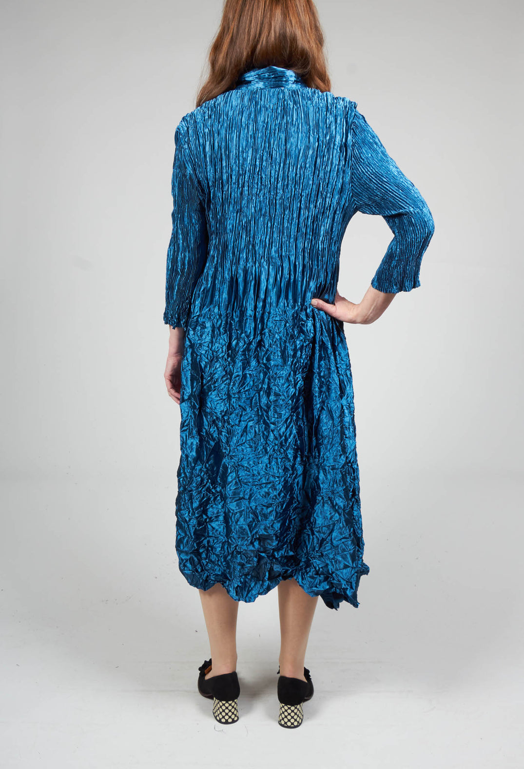 Metallic Nehru Coat Dress in Steel Blue