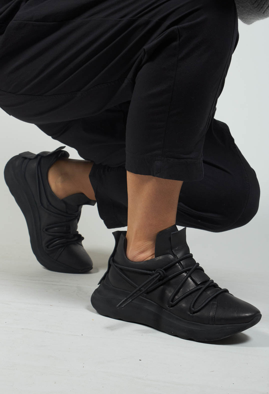 Leather Trainers with Elasticated Laces in Black
