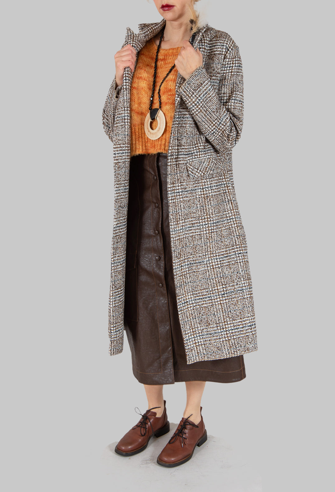 Checked Wool Coat in Brown
