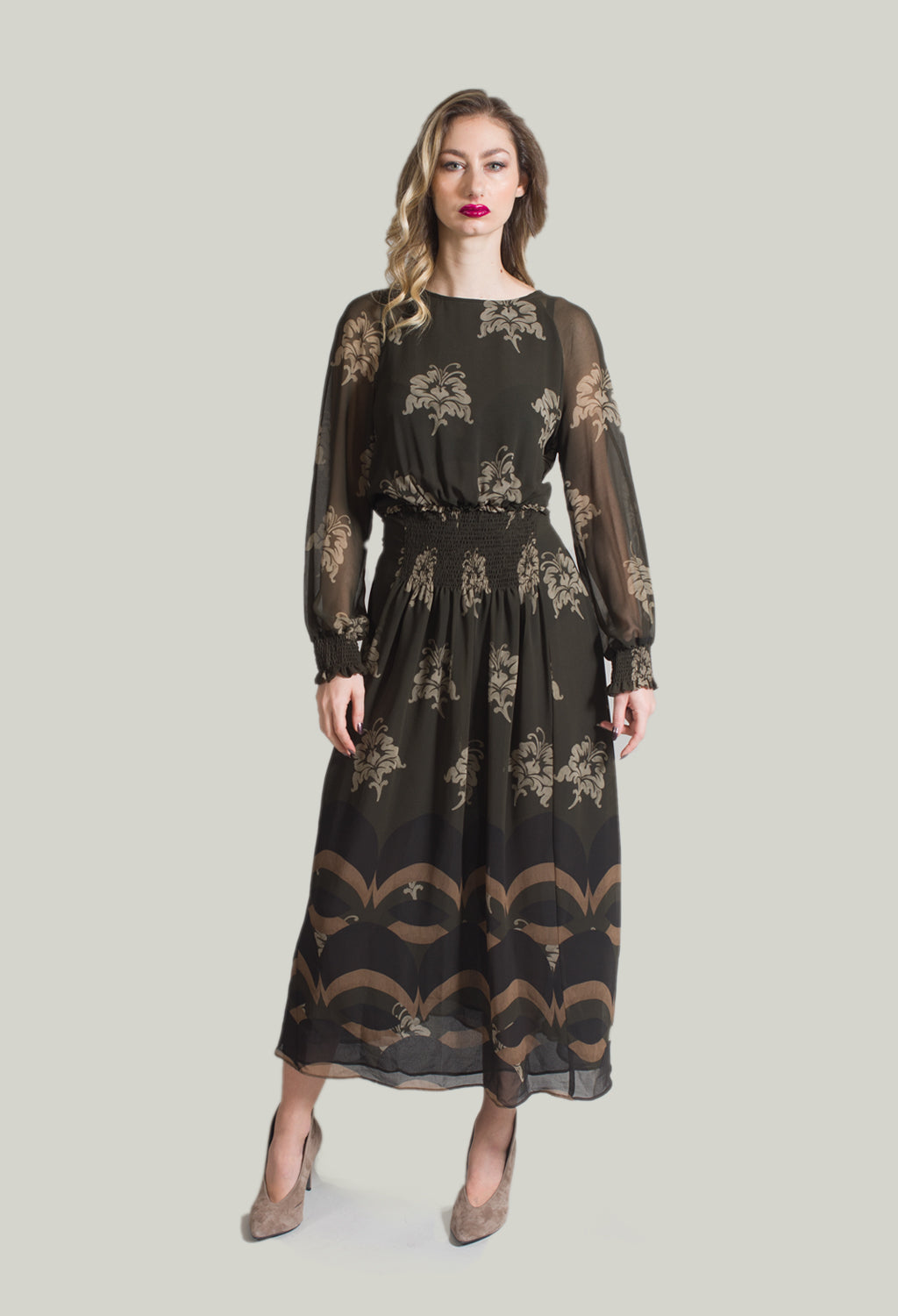 Printed Sheer Maxi Dress in Moro / Fango / Beige