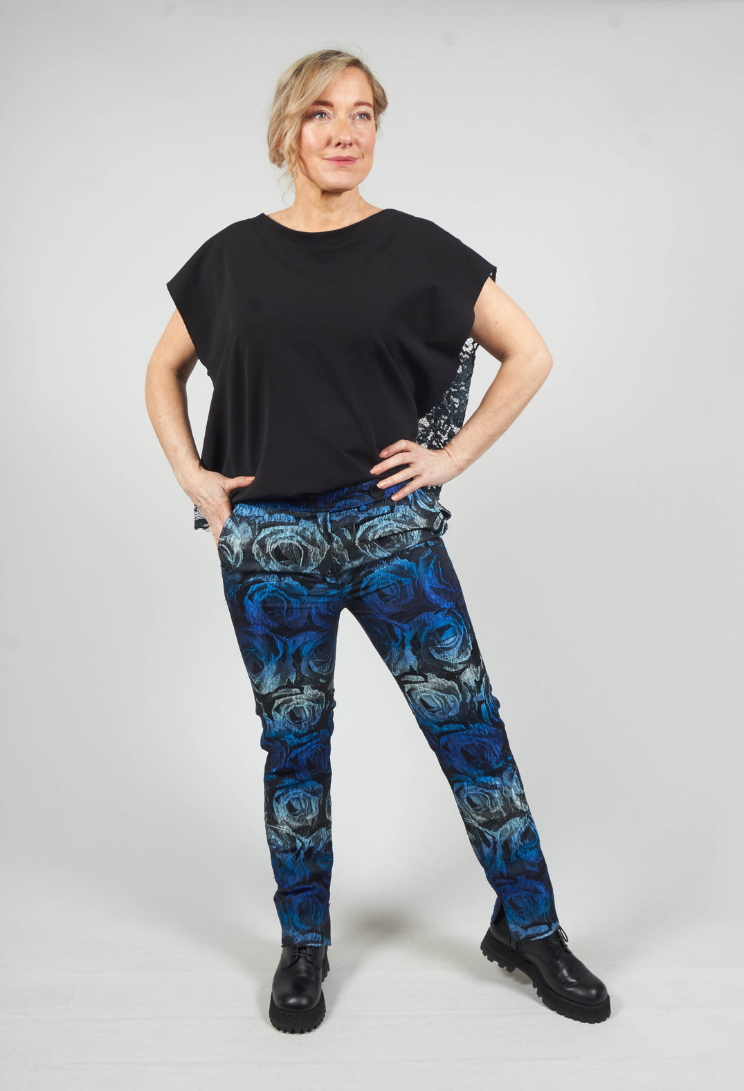 Floral Straight Leg Trousers in Electric Blue