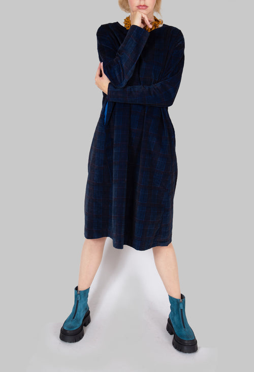 Tartan Velvet T Dress in Navy