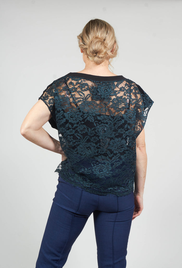 Wide Stretch Top with Lace at Back in Black/Teal