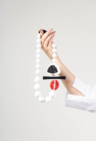 Beaded Necklace with Large Fan Pendant in White, Red and Black