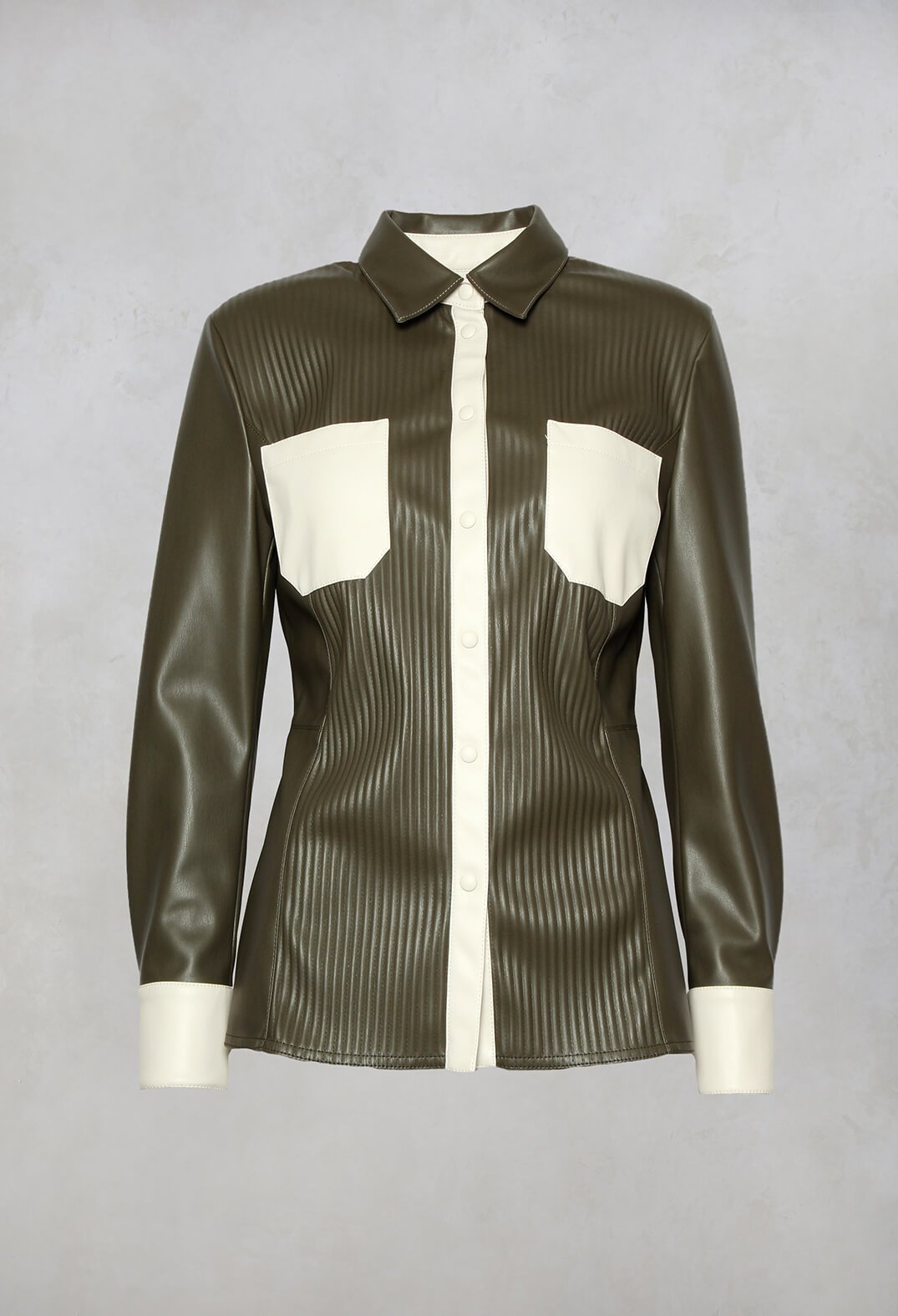 long sleeved faux leather shirt with front pockets