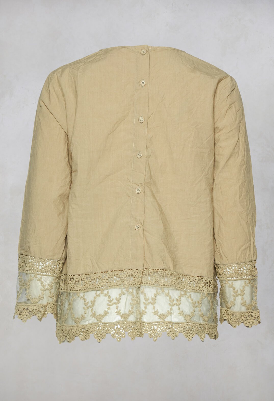 Cotton Blouse with Lace Hem In Khaki