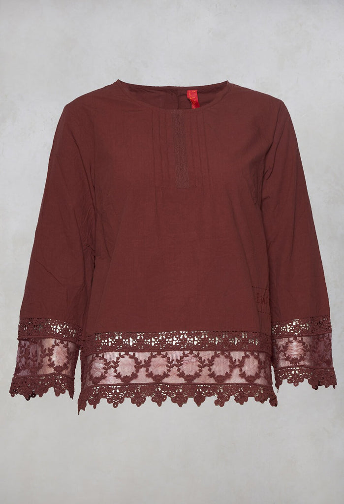 Cotton Blouse with Lace Hem In Maroon