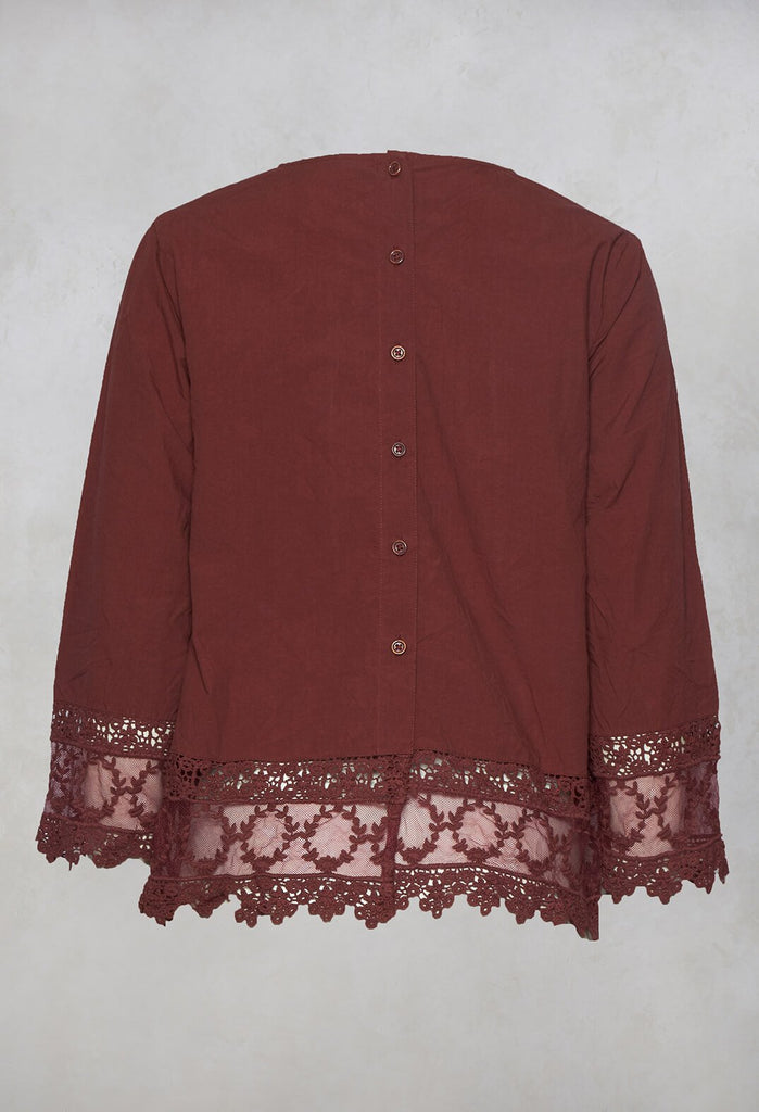 Cotton Blouse with Lace Hem In Maroon