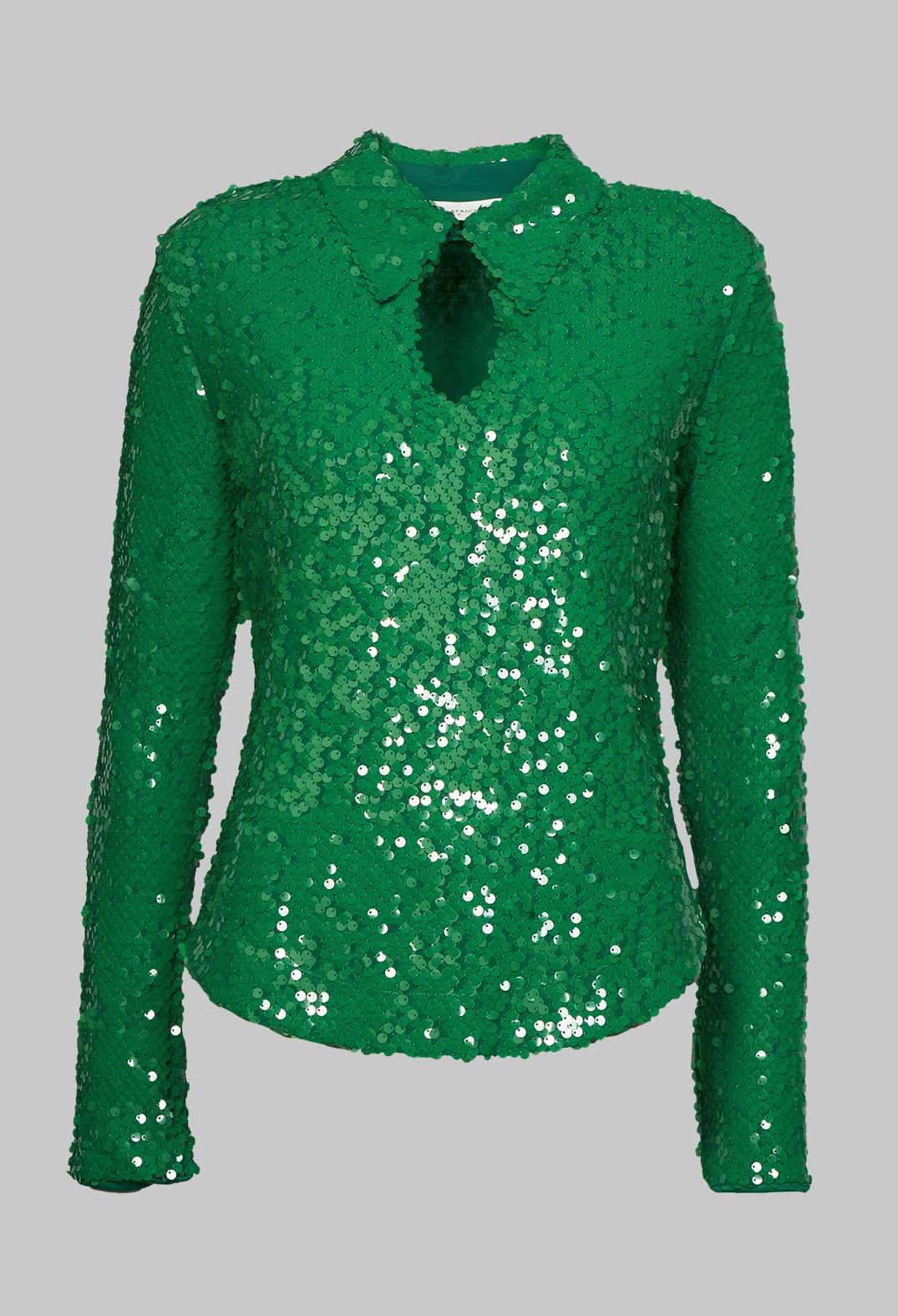 pretty green sequin blouse with neck collar detail and long sleeves