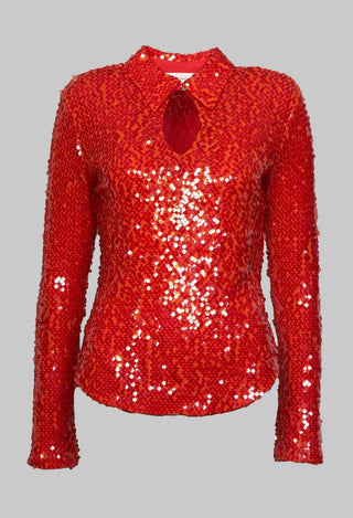 Red sequin blouse with collar detailing and long sleeves