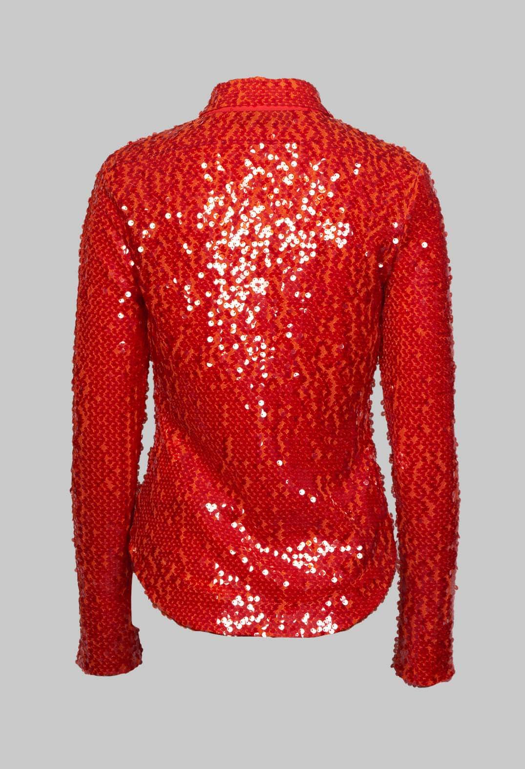 behind detailing of red blouse with long sleeves and collar