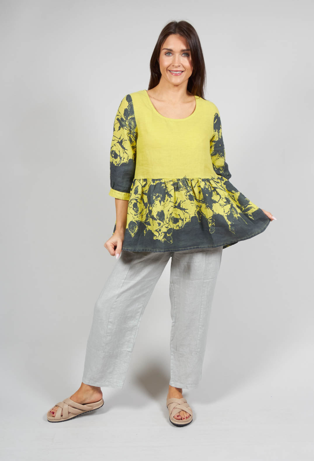 Blue Placement Print Linen Top in Citrus