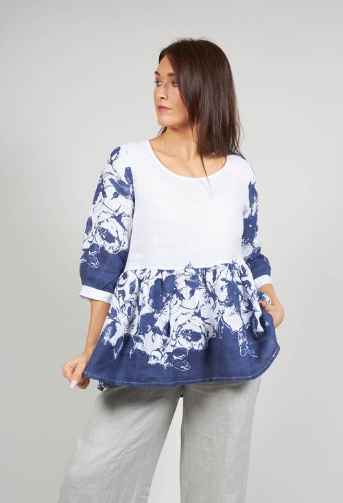 Blue Placement Print Linen Top in White