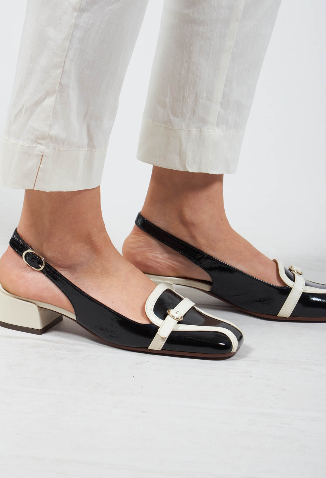 Buckle Strap Kitten Heel Sandal in Black and White