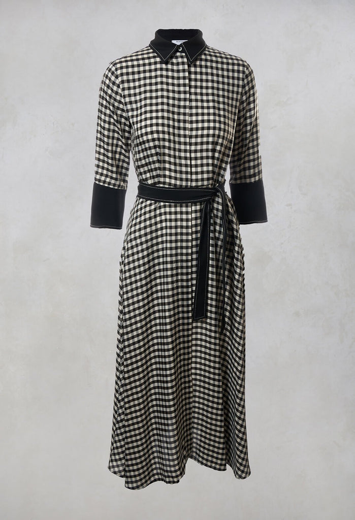 checked shirt dress in black with tie waist belt and neck collar