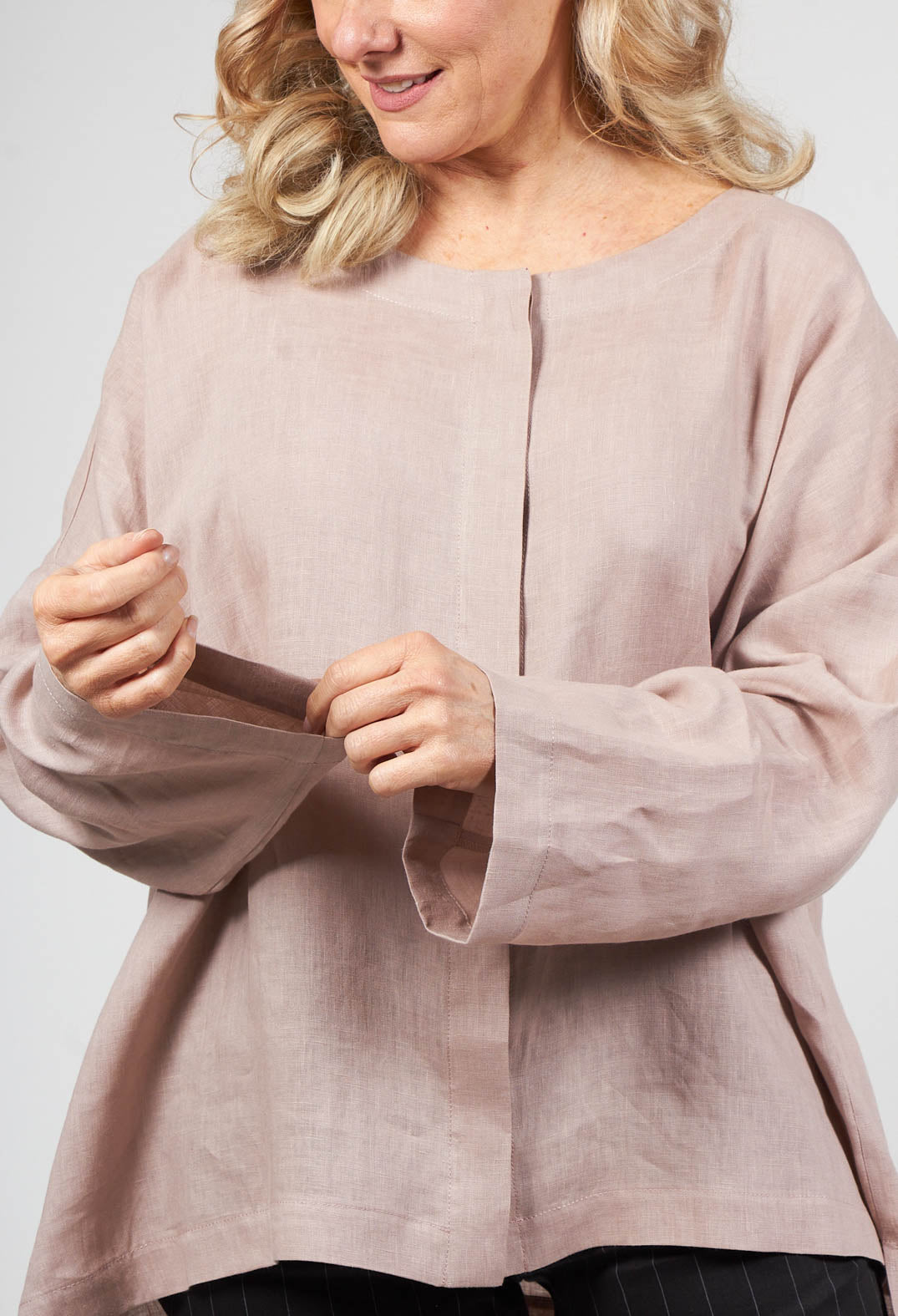 Collarless Linen Shirt in Dusky Pink