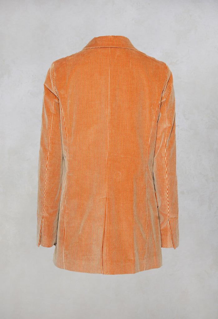 behind shot of corduroy jacket in peach