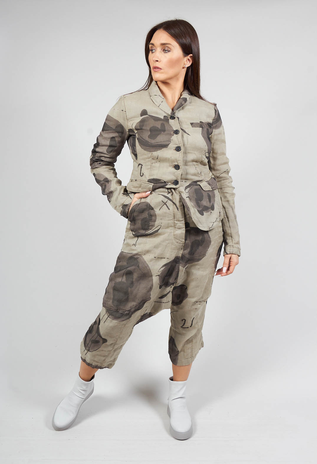 Cropped Drop Crotch Trousers in Ash Print