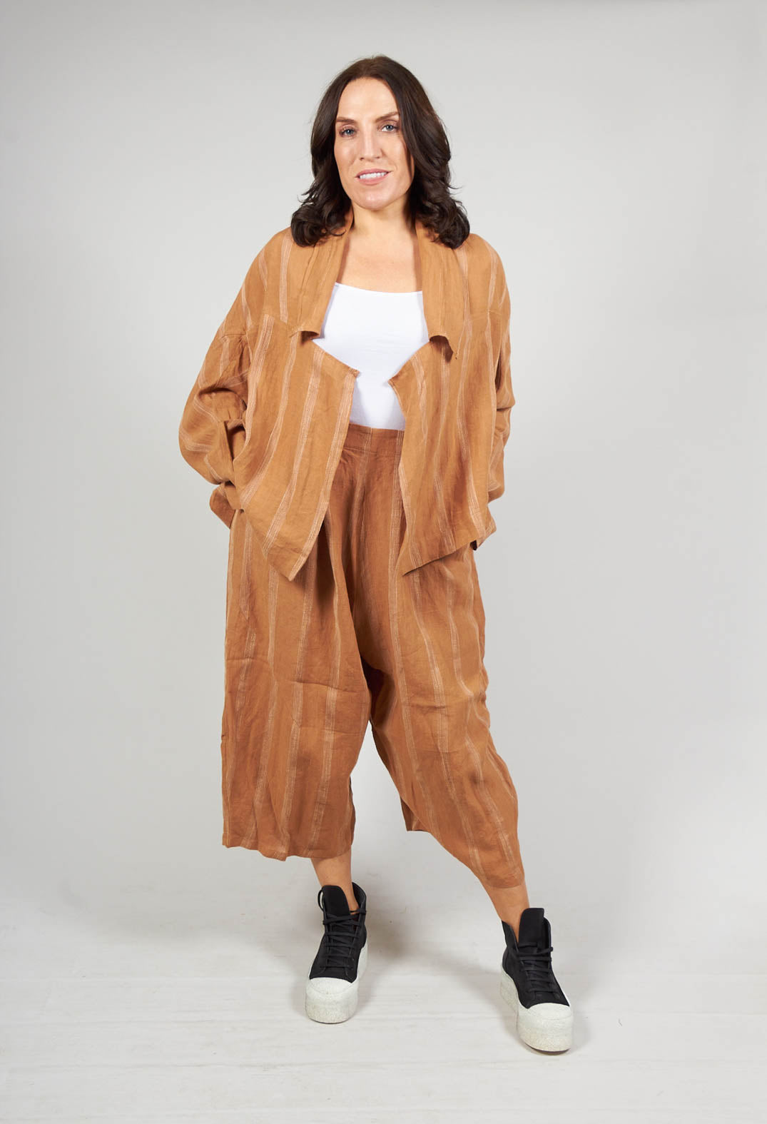 Cropped Open Front Jacket in Brown Stripe