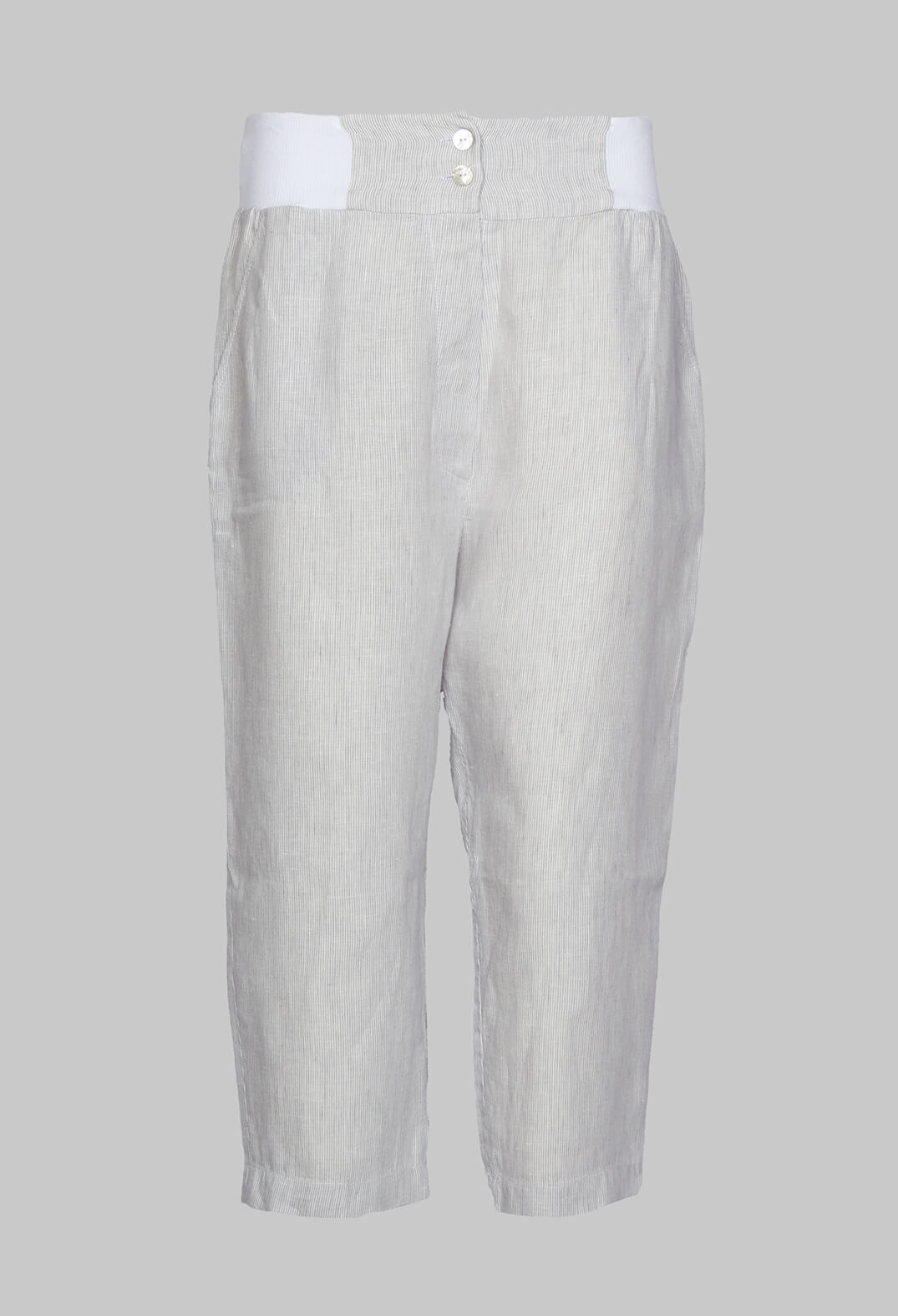 Cropped Trousers with Elasticated Waistband in Light Grey Stripe