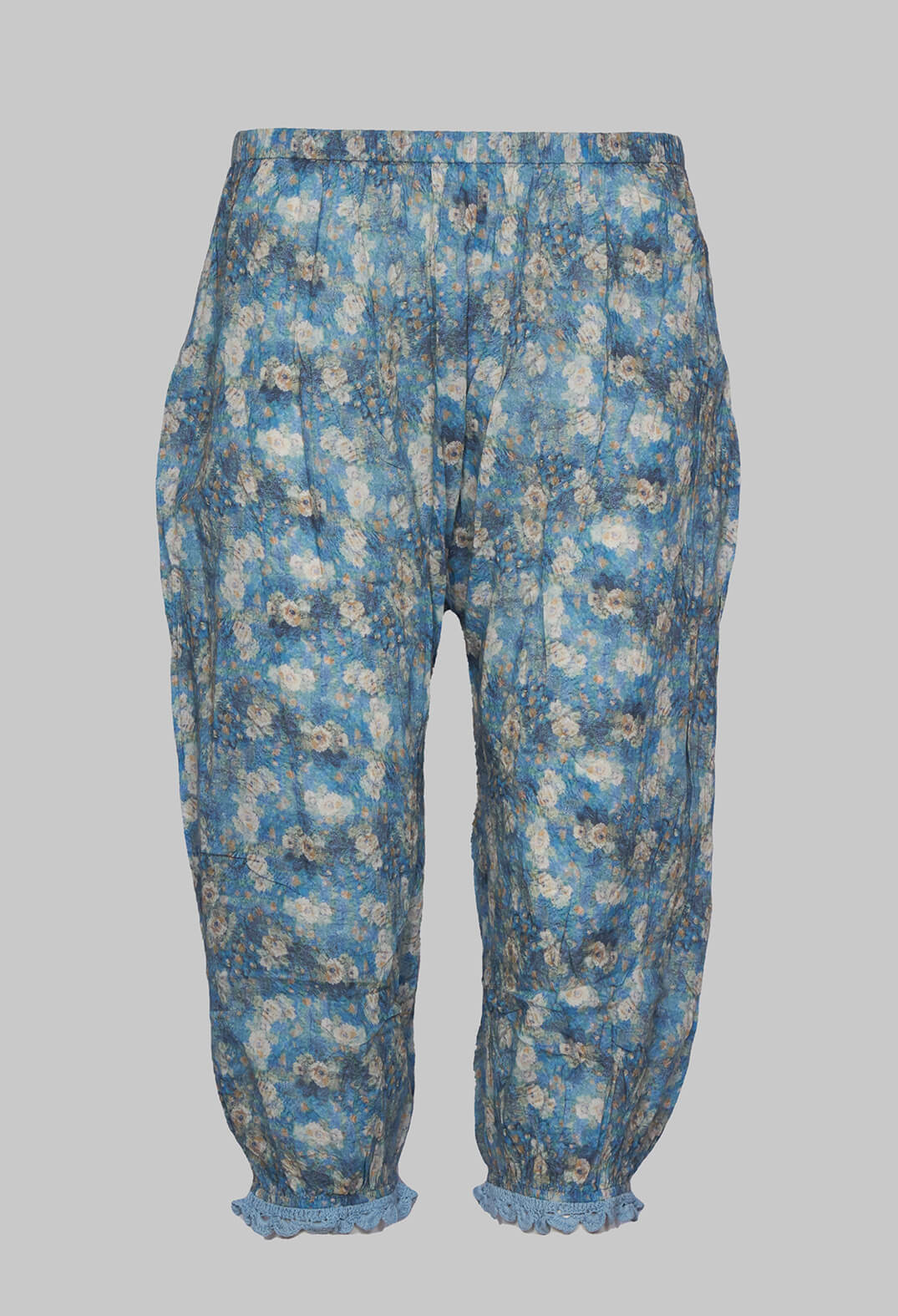 Cropped Trousers with Lace Detail Cuffs in Blue Flower