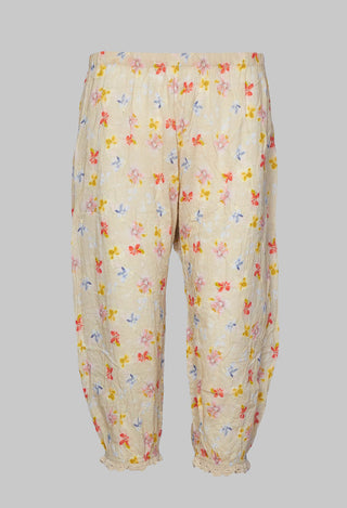 Cropped Trousers with Lace Detail Cuffs in Yellow Flower