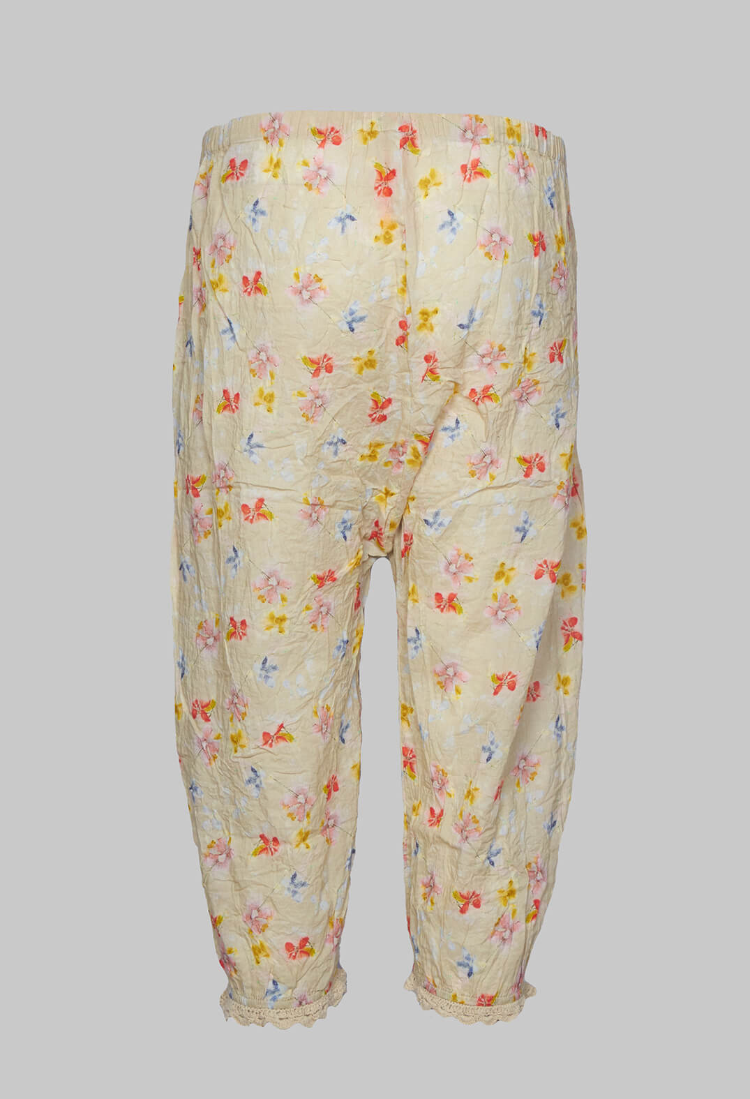 Cropped Trousers with Lace Detail Cuffs in Yellow Flower