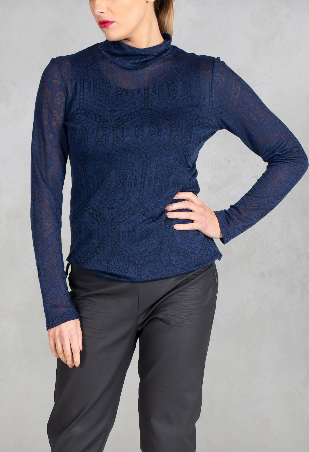 Fine Knit Turtleneck Top in Navy