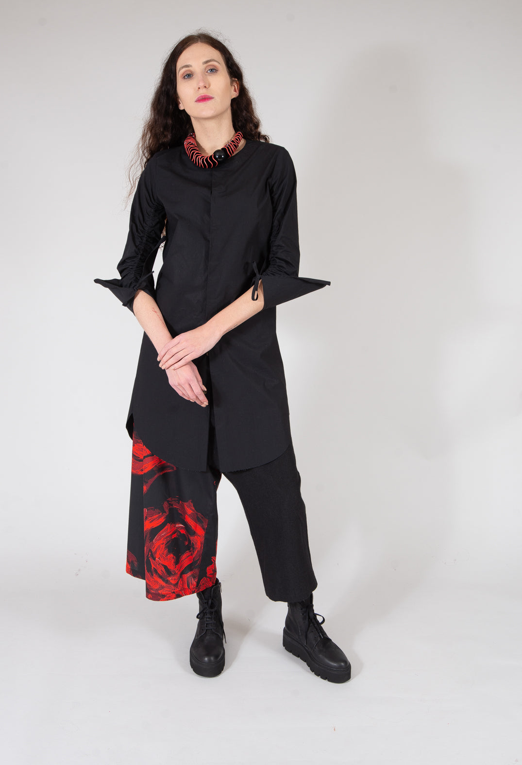 Wide Leg Dropcrotch Trousers with Contrasting Legs in Black and Red