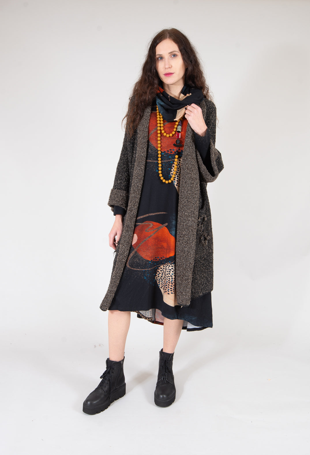 Long Sleeve A Line Dress with Detatchable Snood Neck