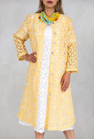 Sheer Printed Midi Coat with Button Front in Sorbet