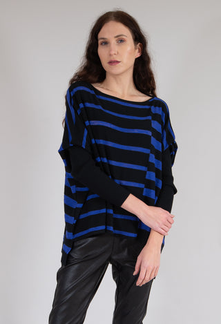 Wide Neck Top with Contrasting Sleeves in Black and Blue Stripe