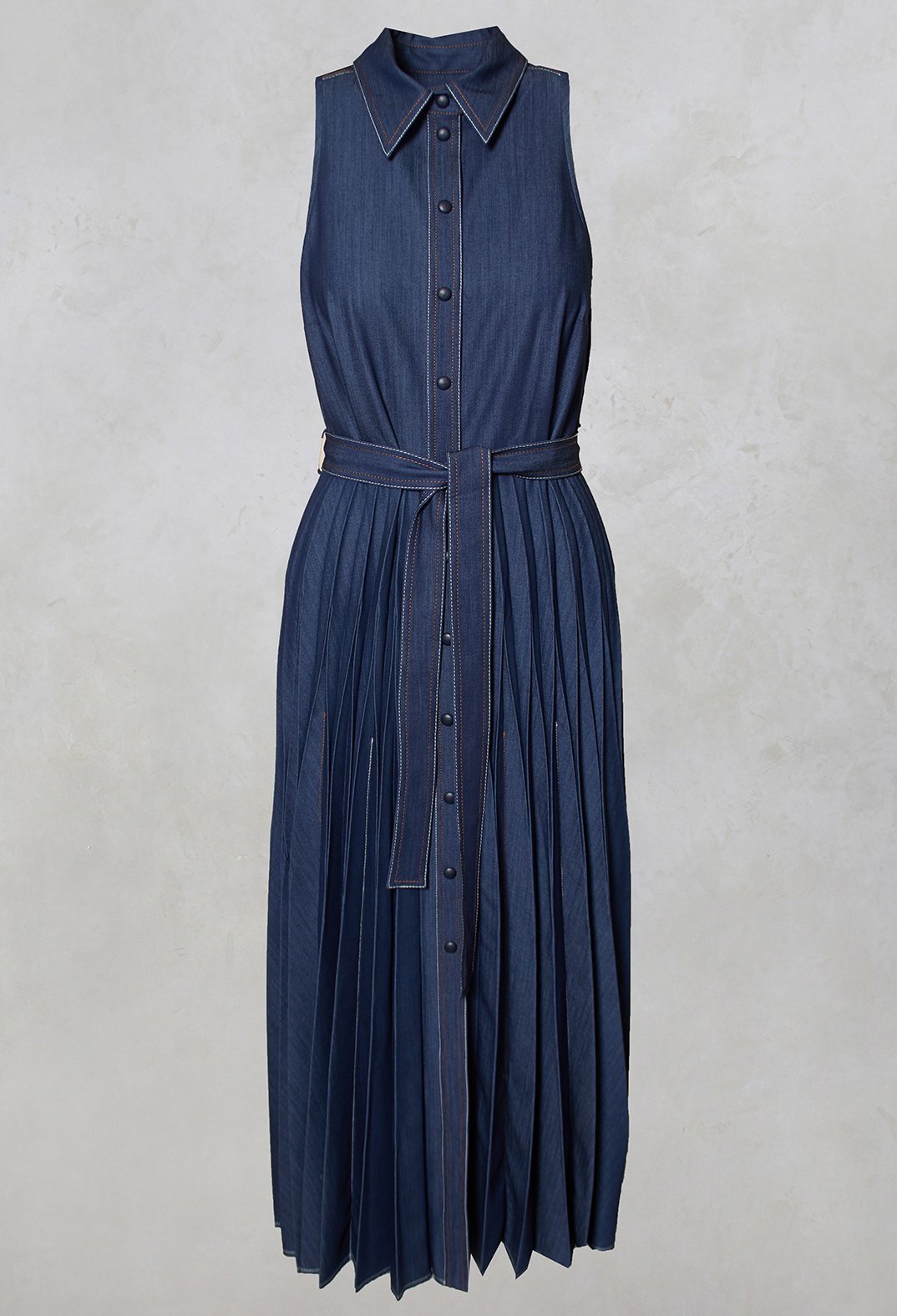 denim-look pleated dress front detailing with tie waistband