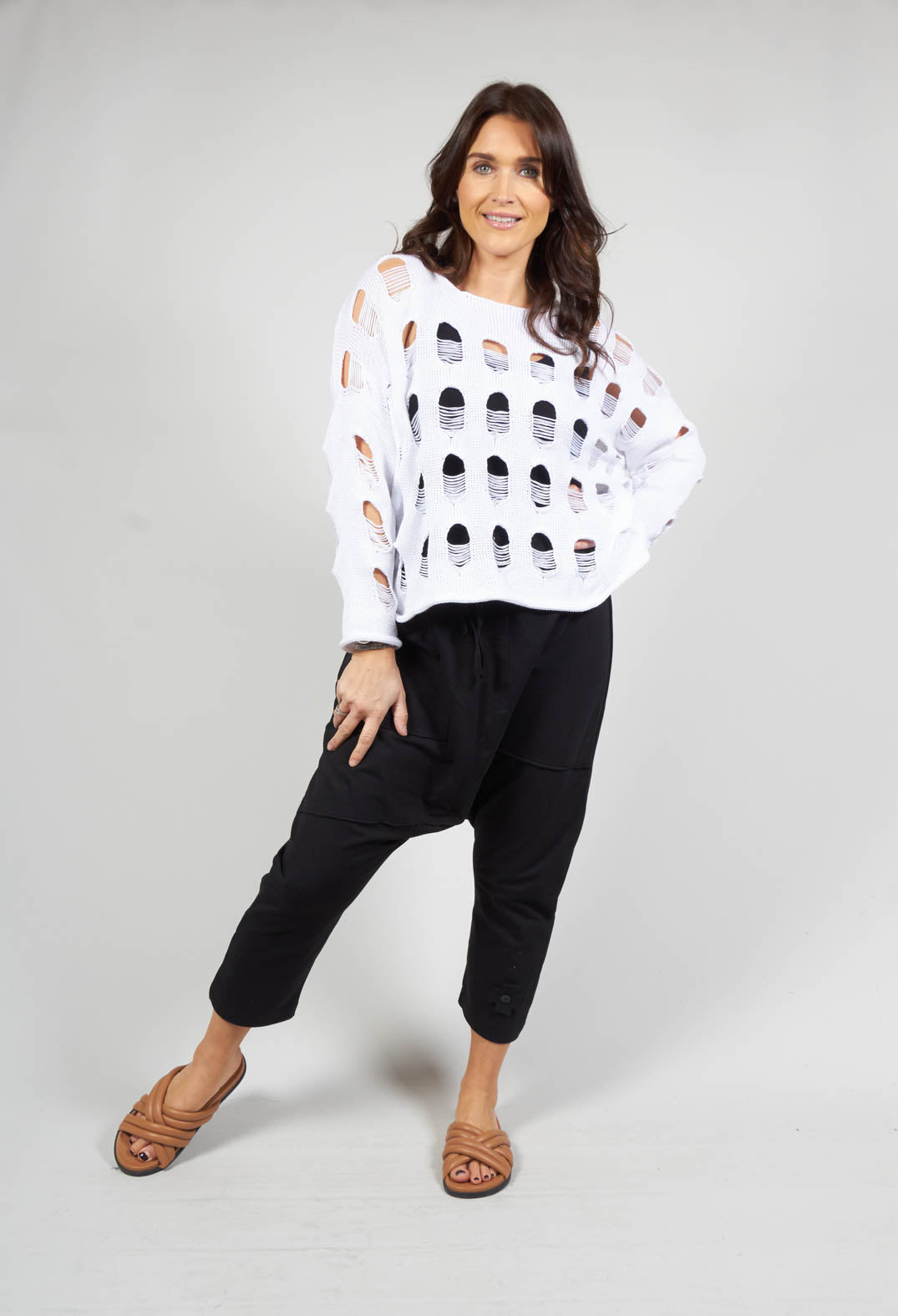 Distressed Hole Pullover in White