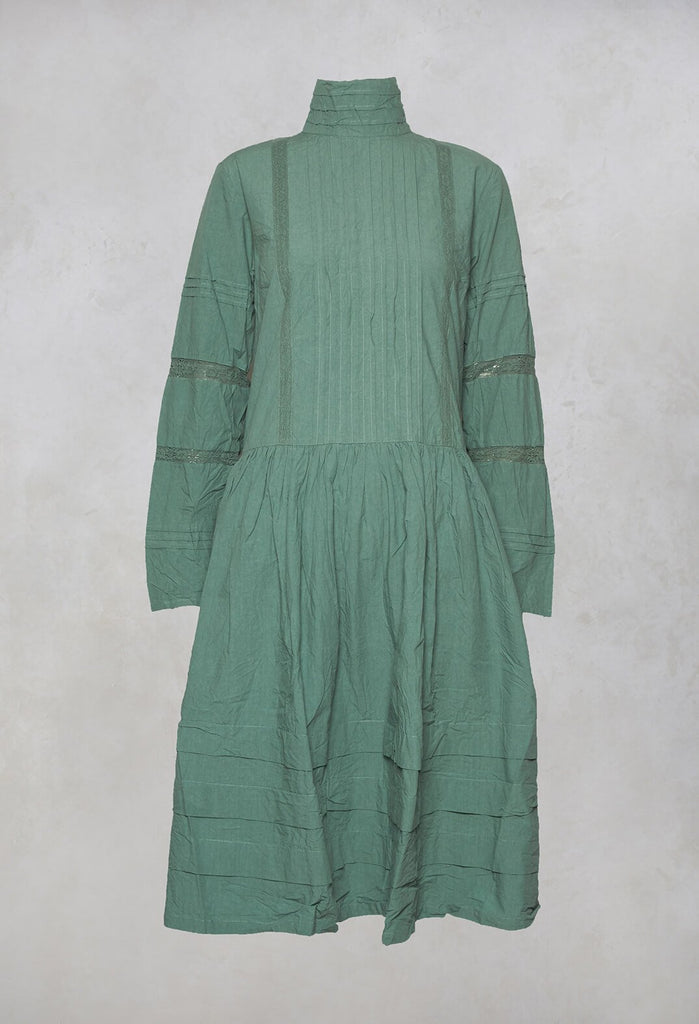 High Neck Cotton Dress With Pintucks in Jade