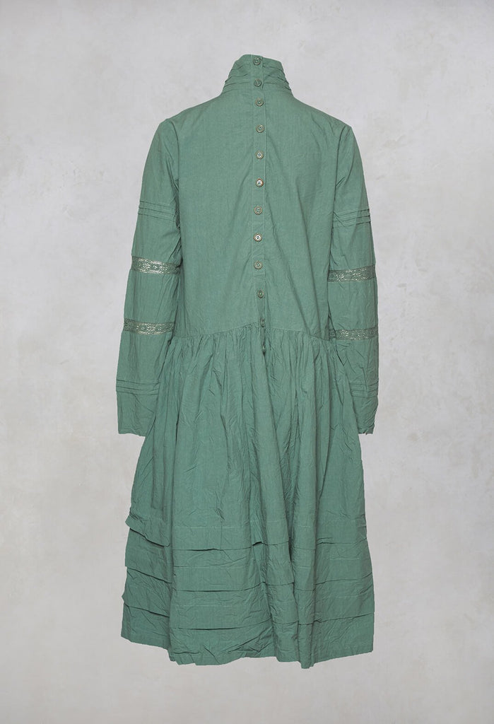 High Neck Cotton Dress With Pintucks in Jade