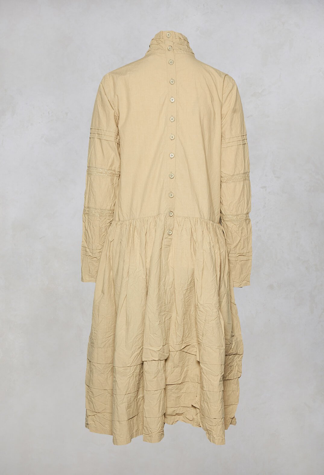 High Neck Cotton Dress with Pintucks in Khaki