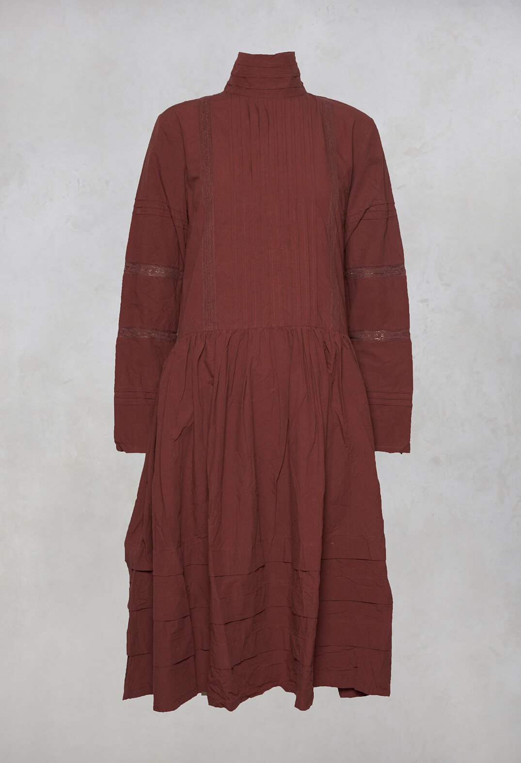 High Neck Cotton Dress with Pin Tucks in Maroon