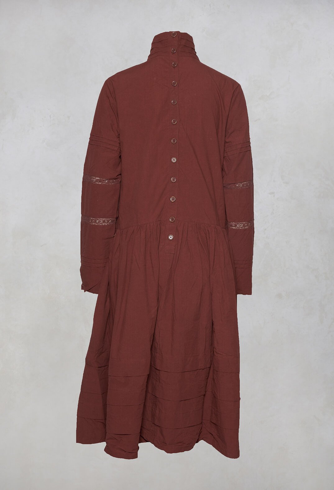 High Neck Cotton Dress with Pin Tucks in Maroon