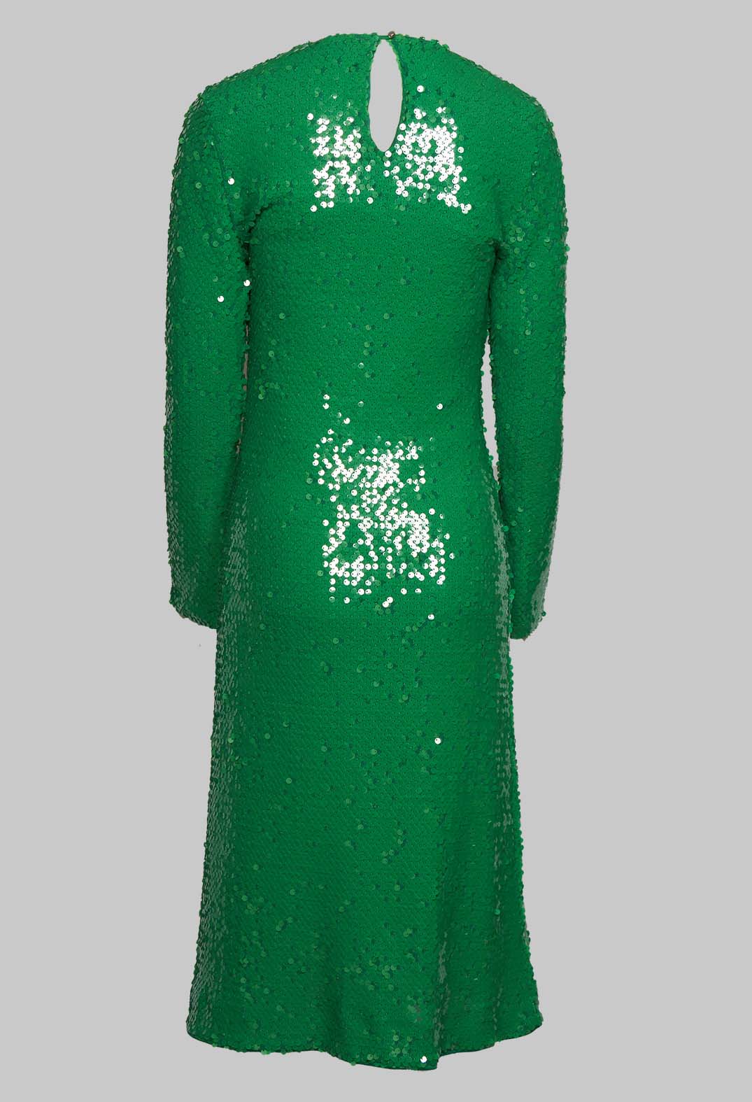 green sequin dress with button fastening at the back of the neck