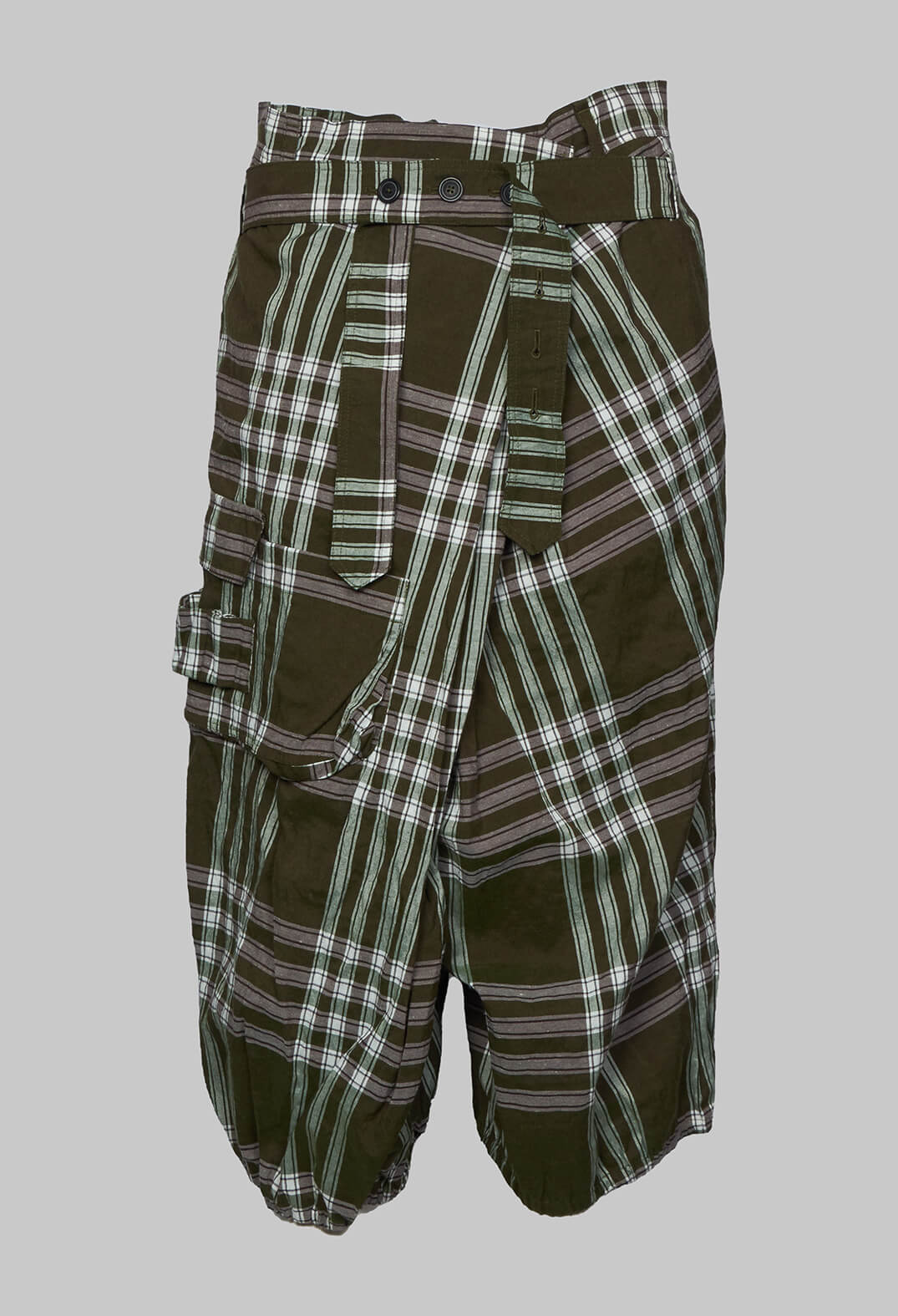 Drop Crotch Cropped Trousers with Button Belt in Haricot Check