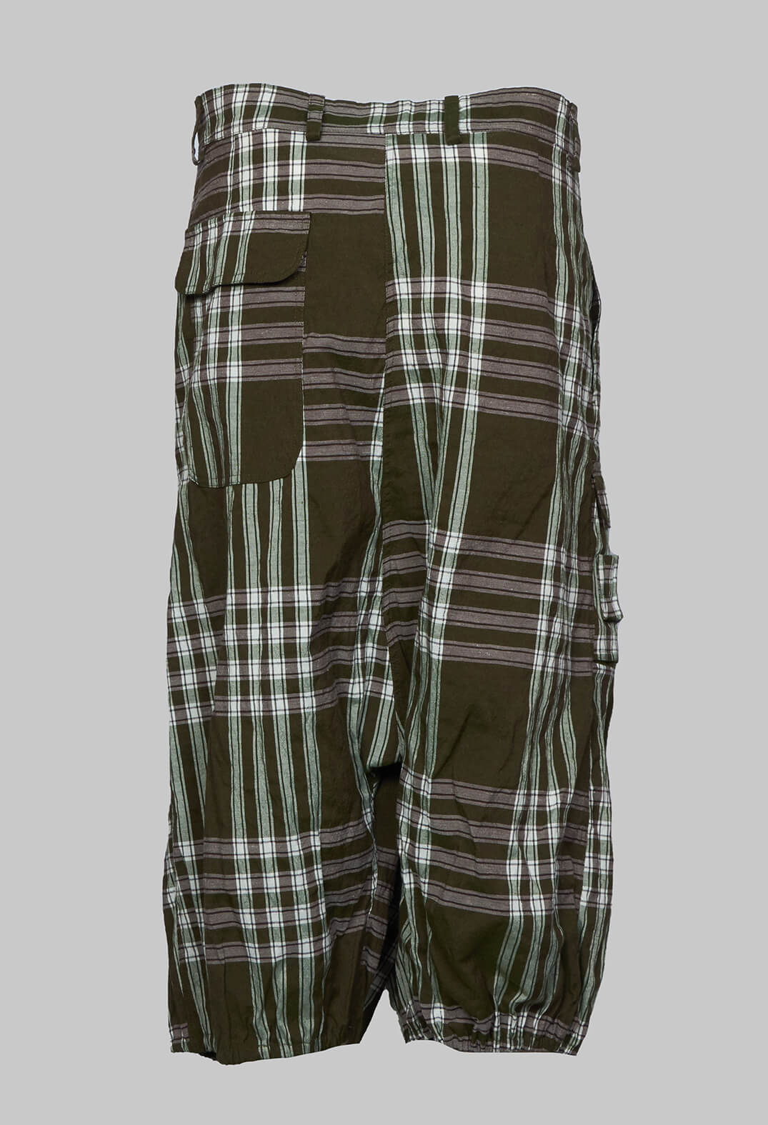 Drop Crotch Cropped Trousers with Button Belt in Haricot Check