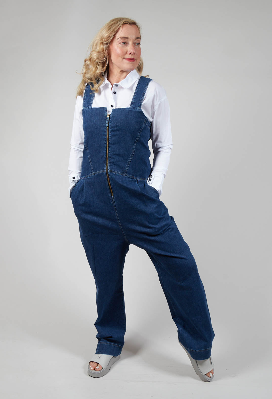 Drop Crotch Denim Jumpsuit in Blue