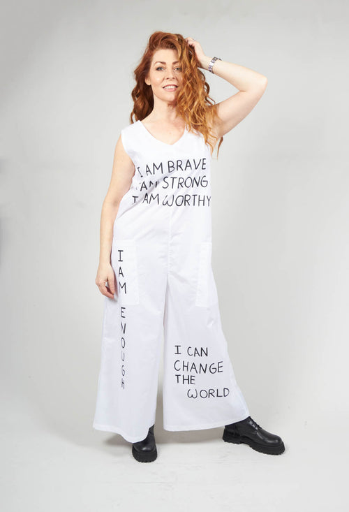 Drop Crotch Jumpsuit with Lettering in White