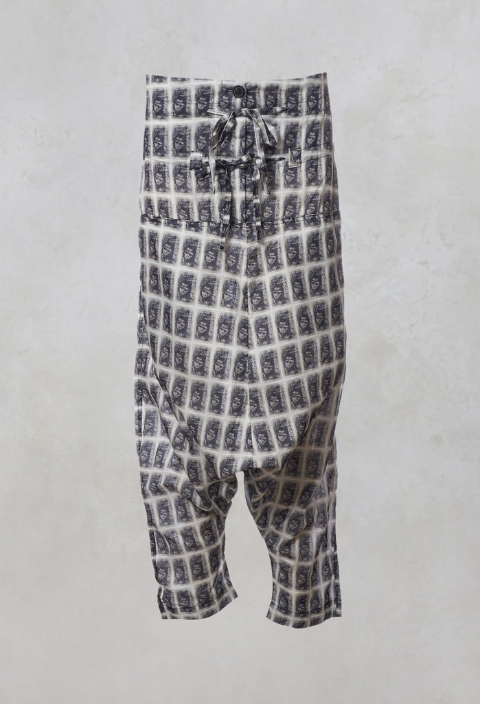 Drop Crotch Trousers in Deep Blue Print