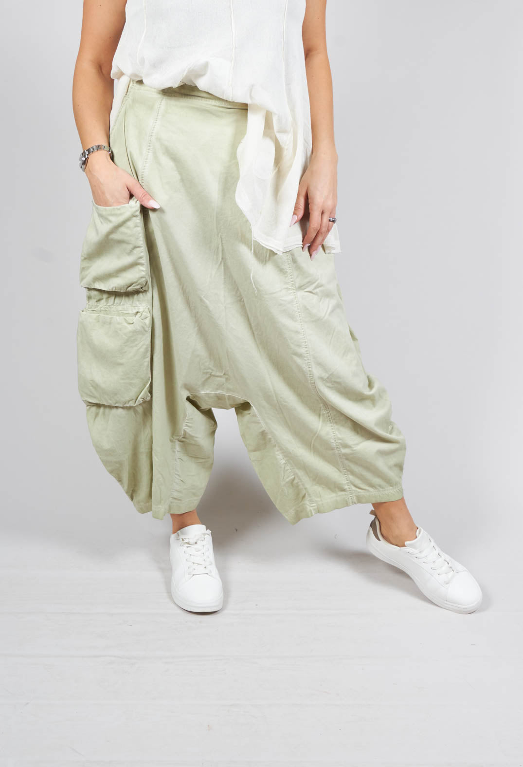 Drop Crotch Trousers with Pockets in Pearl