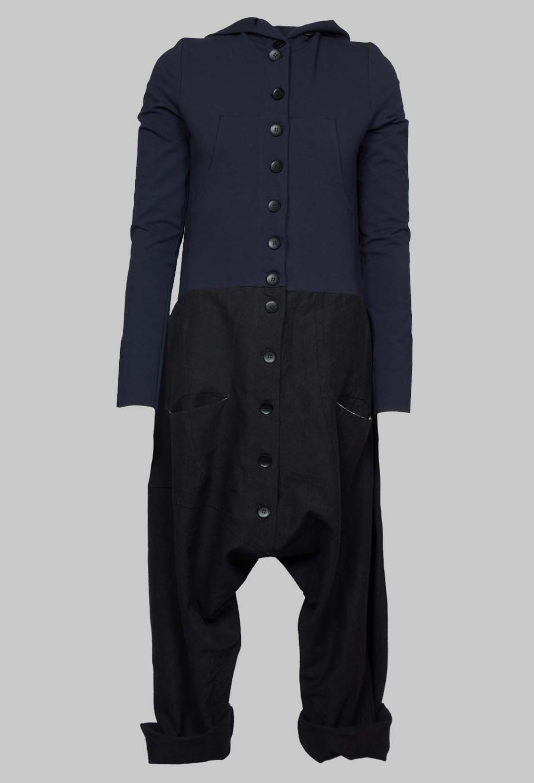 Dropcrotch Jumpsuit with Contrasting Fabric in Navy and Black
