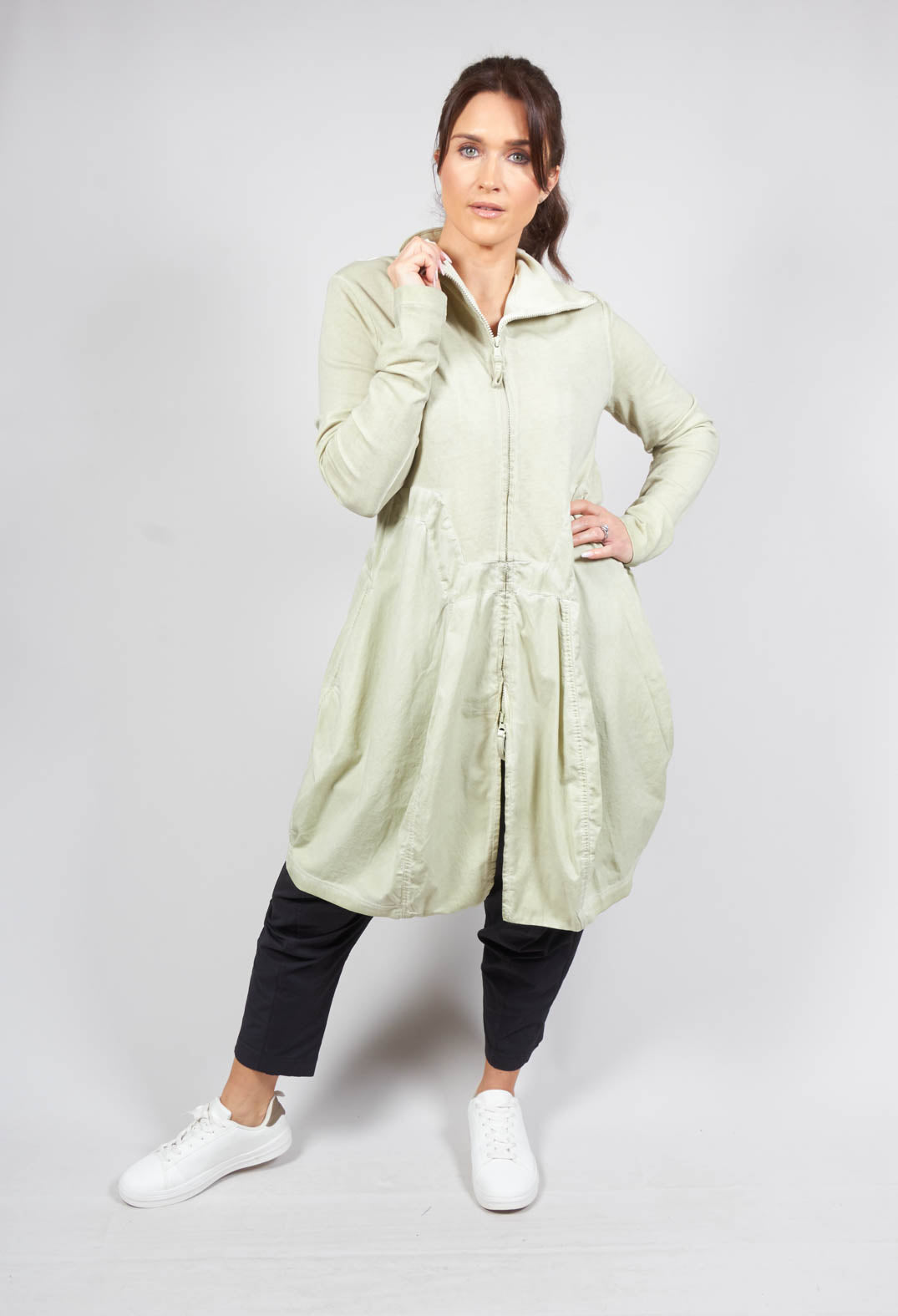 Dual Fabric Coat with High Neck in Pearl