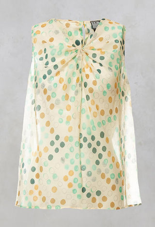 Cotton Sleeveless Top with Gathered Front with Cream and Green Spots
